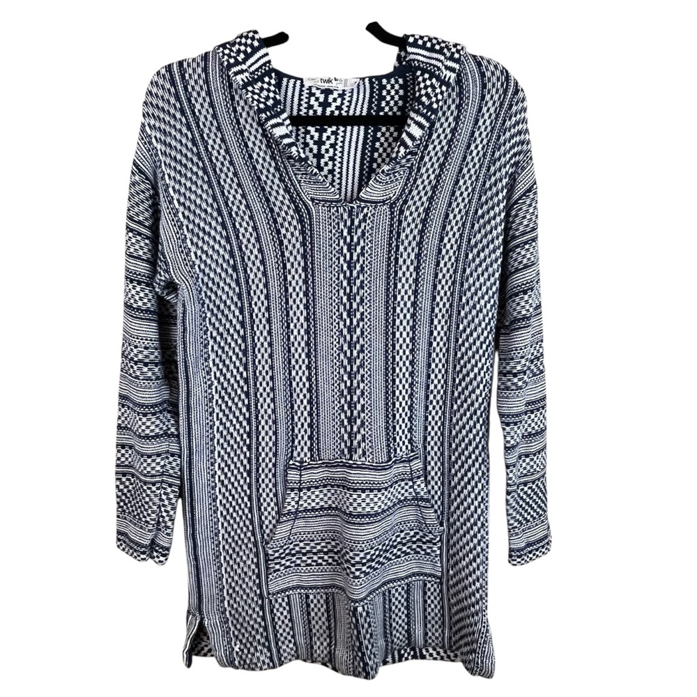 Twik Organic Cotton Blend Knit Pullover Baja Style Hoodie Sweater, Navy & White